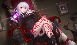 Rule 34 | 1girl, angra mainyu, angra mainyu (fate), ass, barefoot, chair, commentary request, corruption, crossed legs, dark persona, dark sakura, dress, fate/stay night, fate (series), gabiran, heaven&#039;s feel, licking finger, long hair, looking at viewer, matou sakura, photo (object), picture frame, possessed, possession, red eyes, sitting, solo, tohsaka rin, tongue, tongue out, white hair