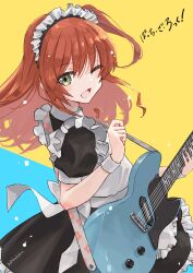 Rule 34 | 1girl, :d, alternate costume, apron, artist name, blush, bocchi the rock!, copyright name, dress, elbow blush, enmaided, floral print, frilled apron, frilled dress, frills, guitar, guitar strap, hair between eyes, hairband, highres, holding, holding guitar, holding instrument, instrument, jun (rellik &amp; redrum), kita ikuyo, long hair, looking at viewer, maid, maid apron, maid headdress, one side up, open mouth, prs guitar, red hair, simple background, skirt, smile, solo, spots, two-tone background, waist apron, white apron, wrist cuffs