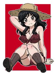 Rule 34 | 1girl, arm behind head, belle (girls und panzer), belt, bikini, black belt, black hair, boots, breasts, brown bikini, brown footwear, brown hat, closed mouth, commentary, cowboy boots, cowboy hat, fringe trim, front-tie bikini top, front-tie top, frown, girls und panzer, gloves, grey gloves, halterneck, hat, holster, long hair, looking at viewer, medium breasts, outline, red background, sitting, solo, straw hat, swimsuit, takahashi kurage, textless version, thigh strap, white outline