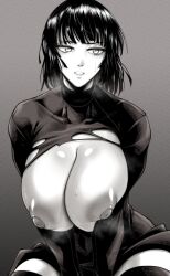 Rule 34 | 1girl, black dress, blush stickers, bob cut, body heat, bodysuit, breast focus, breasts, clenched teeth, clothes lift, cowboy shot, dress, dress lift, exhausted, female focus, fubuki (one-punch man), grey background, greyscale, heavy breathing, highres, huge breasts, large areolae, long eyebrows, looking at viewer, monochrome, navel, nose, one-punch man, open mouth, puffy nipples, reflection, short hair, simple background, solo, sweat, teeth, thick thighs, thighhighs, thighs, torn clothes, wide hips, yugo (yugotme97), zettai ryouiki