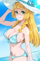 Rule 34 | 1girl, absurdres, alternate breast size, bikini, blonde hair, braid, breasts, cleavage, closed mouth, cloud, commentary request, covered erect nipples, creatures (company), day, eyelashes, game freak, green bikini, green eyes, hand on headwear, hand up, hat, highres, large breasts, lillie (pokemon), long hair, luene, navel, nintendo, outdoors, pokemon, pokemon sm, sky, smile, solo, sun hat, sweat, swimsuit, twin braids, white hat