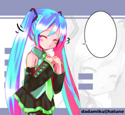Rule 34 | 1girl, :&lt;, aqua hair, black thighhighs, blank speech bubble, blouse, closed eyes, collared shirt, detached sleeves, frilled shirt, frills, frown, green necktie, grey shirt, hatsune miku, long hair, necktie, own hands together, shaking head, shirt, sho (runatic moon), skirt, sleeveless, sleeveless shirt, solo, speech bubble, swept bangs, thighhighs, twintails, very long hair, vocaloid, zoom layer