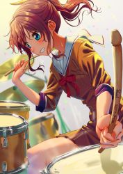 Rule 34 | 1girl, bang dream!, blue eyes, blush, bow, bowtie, brown hair, brown shirt, brown skirt, drum, drumsticks, gradient background, grey background, grin, holding, instrument, music, playing instrument, pleated skirt, poligon (046), red bow, red bowtie, sailor collar, school uniform, serafuku, shirt, sitting, skirt, sleeves rolled up, smile, solo, sparkle, sparkle background, yamabuki saya, yellow background