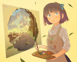 Rule 34 | 1girl, apron, art brush, bad id, bad pixiv id, blouse, blue eyes, blunt bangs, brown hair, canvas (object), cloud, paintbrush, painting (action), palette (object), pixiv, pixiv-tan, shirt, simple background, sky, sleeves rolled up, sun, uichi, white shirt, yellow background