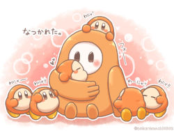 Rule 34 | artist name, blush, brown eyes, bubble, crossover, closed eyes, fall guys, holding, hug, kirby (series), nintendo, no mouth, no nose, outstretched hand, size difference, trait connection, translation request, user nnnm4577, waddle dee