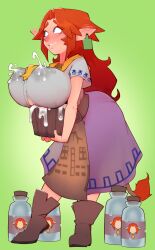 Rule 34 | 1girl, absurdres, blue eyes, blush, boots, bottle, breasts, cow tail, cremia, female focus, full body, highres, huge breasts, lactation, lactation through clothes, long hair, lurkinpanda, malon, milk bottle, nintendo, pointy ears, red hair, solo, tail, the legend of zelda, the legend of zelda: majora&#039;s mask, the legend of zelda: ocarina of time