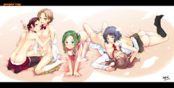 Rule 34 | 5girls, :p, :q, all fours, ass, between breasts, black hair, black socks, black thighhighs, blue eyes, blue hair, breasts, brown hair, glasses, green eyes, green hair, green panties, hair bobbles, hair ornament, hairclip, highres, kneehighs, long hair, lotion, lying, medium breasts, multiple girls, necktie, nipples, on stomach, open clothes, open shirt, original, panties, panty pull, pouring, sakura kotetsu, shirt, short hair, side ponytail, skirt, small breasts, socks, thighhighs, tongue, tongue out, underwear, white thighhighs, yuri