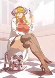 Rule 34 | 1girl, artist request, blonde hair, breasts, demon girl, glasses, high heels, horns, indoors, lab coat, large breasts, long hair, looking at viewer, mammon (sin nanatsu no taizai), mammon (the seven deadly sins), medical, miniskirt, official art, patterned legwear, ribbed sweater, sin nanatsu no taizai, sitting, skirt, solo, sweater, syringe, tagme, the seven deadly sins, thighhighs