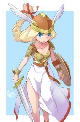 Rule 34 | 1girl, armor, armored dress, blonde hair, blue eyes, braid, breastplate, commentary request, green armor, head wings, helmet, highres, long hair, oyster (artist), shield, single braid, solo, sword, valkyrie, valkyrie (vnd), valkyrie no densetsu, weapon, winged helmet, wings