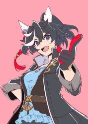 Rule 34 | 1girl, animal ears, as&#039;maria, black coat, black gloves, black hair, black vest, blue eyes, blue shirt, breasts, coat, ear covers, gloves, hair ornament, high collar, highres, horse ears, katsuragi ace (umamusume), long sleeves, looking at viewer, multicolored hair, open clothes, open coat, open mouth, pink background, pointing, pointing at viewer, ponytail, shirt, short hair, signature, simple background, small breasts, solo, streaked hair, umamusume, upper body, v-shaped eyebrows, vest