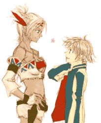 Rule 34 | 1boy, 1girl, dark skin, eye contact, johnny garland, looking at another, lowres, native american, shadow hearts, shadow hearts from the new world, shania, short hair, size difference, squaw