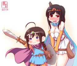 Rule 34 | 2017, 2girls, :3, alternate costume, angry, bare shoulders, belt, black hair, blush, braid, breasts, cape, cleavage, commentary request, cosplay, dated, dragon quest, dragon quest iii, elbow gloves, embarrassed, gloves, hair ornament, hair over shoulder, headgear, headpiece, highres, holding, holding sword, holding weapon, kanon (kurogane knights), kantai collection, large breasts, long hair, looking at viewer, multiple girls, o o, open mouth, red eyes, roto (cosplay), roto (dq3), sage (dq3), sage (dq3) (cosplay), shigure (kancolle), short hair, signature, single braid, sword, weapon, yamashiro (kancolle)