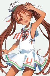 Rule 34 | 1girl, brown eyes, brown hair, clothes writing, cowboy shot, dark-skinned female, dark skin, dress, fang, grey background, kantai collection, libeccio (kancolle), long hair, looking at viewer, neckerchief, one eye closed, open mouth, sailor collar, sailor dress, simple background, sleeveless, sleeveless dress, smile, solo, standing, striped neckerchief, striped neckwear, suzuka (suzuka9111), tan, twintails, white dress, white sailor collar