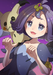 Rule 34 | 1girl, :d, acerola (pokemon), armlet, collarbone, commentary request, creatures (company), dress, game freak, gen 7 pokemon, gradient background, grey dress, grey eyes, hair ornament, hairclip, hands up, he72oh, highres, mimikyu, multicolored clothes, multicolored dress, nintendo, on shoulder, open mouth, pokemon, pokemon (creature), pokemon on shoulder, pokemon sm, purple hair, short sleeves, smile, stitches, tongue, topknot, torn clothes, torn dress, upper body