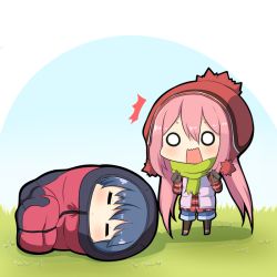 Rule 34 | 2girls, ^^^, beanie, black gloves, black legwear, blue hair, blue shorts, blush, chibi, closed eyes, gloves, grass, green scarf, hair between eyes, hat, kagamihara nadeshiko, long hair, long sleeves, low twintails, lying, multiple girls, o o, on ground, on side, open clothes, open mouth, open vest, pink hair, plaid, plaid shirt, red shirt, scarf, shadow, shima rin, shirt, shorts, sleeping bag, standing, twintails, twumi, v-shaped eyebrows, very long hair, vest, wavy mouth, yurucamp