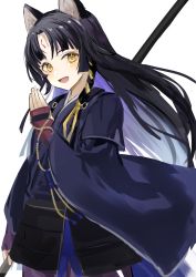 Rule 34 | 1girl, :d, animal ear fluff, animal ears, arknights, azuazu 0405, black hair, black kimono, dog ears, facial mark, forehead mark, hand up, highres, holding, japanese clothes, kimono, long hair, looking at viewer, multicolored hair, open mouth, parted bangs, purple hair, saga (arknights), simple background, smile, solo, two-tone hair, very long hair, white background, yellow eyes