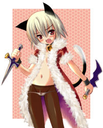 Rule 34 | 1girl, animal ears, bad id, bell, black pantyhose, blonde hair, blush, border, bow, bow panties, cat ears, cat tail, commentary request, cowboy shot, dagger, dual wielding, fang, hair between eyes, holding, holding dagger, holding knife, holding weapon, jacket, jingle bell, knife, kyogoku shin, looking at viewer, lowleg, lowleg panties, navel, neck bell, no bra, open clothes, open jacket, open mouth, panties, pantyhose, patterned background, petite, ragnarok online, red eyes, red jacket, rogue (ragnarok online), short hair, solo, tail, underwear, weapon, white border, white panties