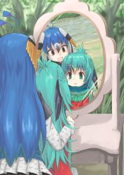 Rule 34 | 2girls, bird wings, black hair, blonde hair, blue hair, bow, bowtie, commentary request, green eyes, green hair, green neckwear, green scarf, hand on another&#039;s shoulder, hane (kirschbaum), head wings, highres, kemono friends, long hair, long sleeves, mirror, multicolored hair, multiple girls, peafowl (kemono friends), pleated skirt, red shirt, reflection, resplendent quetzal (kemono friends), scarf, shirt, short sleeves, skirt, wings