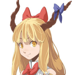 Rule 34 | 1girl, blonde hair, blush, bow, fang, freckles, hair bow, horn bow, horn ornament, horns, ibuki suika, long hair, looking at viewer, maskman, simple background, smile, solo, touhou, upper body, white background, yellow eyes