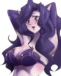 Rule 34 | 1girl, armpits, arms behind head, breasts, cleavage, dark skin, dark-skinned female, detached sleeves, elbow gloves, gloves, large breasts, league of legends, lipstick, long hair, looking at viewer, makeup, midriff, morgana (league of legends), mori shin risuku, parted lips, pointy ears, purple eyes, purple hair, solo, upper body, wavy hair