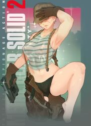 Rule 34 | 1girl, arm up, barefoot, belt, brown gloves, camouflage, camouflage pants, commentary, copyright name, covered erect nipples, cowboy shot, crop top, english commentary, english text, gleam, gloves, grey hair, gun, h&amp;k mark 23, handgun, hat, hat over one eye, highres, holding, holding gun, holding weapon, justrube, knee up, looking at viewer, metal gear (series), metal gear solid 2: sons of liberty, military, navel, no bra, offensive handgun, olga gurlukovich, open belt, open pants, panties, pants, pistol, scar, scar on face, shirt, short hair, signature, solo, sparkle, standing, standing on one leg, striped clothes, striped shirt, suspenders, tank top, underwear, weapon, wet, wet clothes, wet shirt
