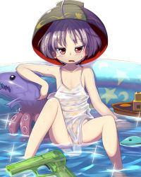 Rule 34 | 1girl, blush, bowl, bowl hat, flat chest, hat, highres, inflatable toy, looking at viewer, mini person, minigirl, one-piece swimsuit, open mouth, oversized clothes, partially visible vulva, pool, purple hair, raised eyebrow, red eyes, short hair, sitting, solo, sukuna shinmyoumaru, swimsuit, syope, touhou, wading pool, water, water gun