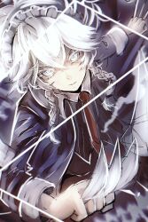 Rule 34 | 1girl, absurdres, between fingers, braid, closed mouth, collared shirt, colored eyelashes, commentary request, crossed bangs, denpa rasaito, glint, grey jacket, grey vest, hair between eyes, highres, holding, holding knife, izayoi sakuya, jacket, knife, long bangs, long sleeves, looking at viewer, maid, maid headdress, medium hair, necktie, red necktie, shirt, side braid, solo, touhou, twin braids, upper body, vest, white eyes, white hair, white shirt