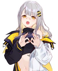 Rule 34 | 1girl, :o, bandaid, bandaid on face, bandaid on nose, bare shoulders, black shirt, breasts, crop top, fangs, grey hair, hachi (live union), hair ornament, izumi sai, jacket, live union, long hair, long sleeves, looking at viewer, medium breasts, midriff, mole, mole under eye, multicolored clothes, multicolored jacket, navel, off shoulder, open clothes, open jacket, open mouth, orange eyes, shirt, simple background, sleeveless, sleeveless shirt, solo, stomach, tattoo, two-tone jacket, upper body, virtual youtuber, white background