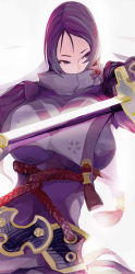 Rule 34 | 1girl, armor, bodysuit, breasts, covered mouth, fate/grand order, fate (series), high collar, highres, holding, holding sword, holding weapon, japanese armor, katana, large breasts, long hair, lousun, low-tied long hair, minamoto no raikou (fate), parted bangs, purple bodysuit, purple eyes, purple hair, ribbed sleeves, rope, sword, tabard, very long hair, weapon