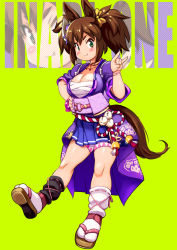 Rule 34 | 1girl, animal ears, asymmetrical legwear, black legwear, blue skirt, blush stickers, bow, breasts, brown hair, chest sarashi, choker, cleavage, closed mouth, collarbone, commentary request, fang, fox mask, fox shadow puppet, green background, green eyes, hair bow, hand up, highres, horse ears, horse girl, horse tail, inari one (umamusume), japanese clothes, kimono, kouhaku nawa, large breasts, looking at viewer, mask, mask on head, mismatched legwear, obi, pleated skirt, purple kimono, ribbon-trimmed legwear, ribbon trim, rope, sandals, sarashi, sash, shimenawa, shiny skin, short eyebrows, short hair, short sleeves, short twintails, sidelocks, skirt, smile, solo, standing, standing on one leg, tabi, tail, thick eyebrows, twintails, umamusume, white legwear, wristband, yellow bow, yu 3, zoom layer, zouri