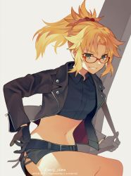 Rule 34 | 1girl, artist name, belt, black belt, black gloves, black jacket, blonde hair, braid, collared shirt, commentary request, cropped shirt, fate/apocrypha, fate (series), glasses, gloves, grin, hair ornament, hair scrunchie, highres, holding strap, jacket, long hair, looking at viewer, meiji ken, midriff, mordred (fate), mordred (fate/apocrypha), navel, open clothes, open jacket, ponytail, red scrunchie, scrunchie, shirt, shorts, sidelocks, smile, solo