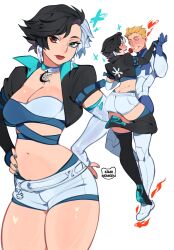 1boy 1girl ass black_hair black_jacket blonde_hair blue_eyes bodysuit breasts choker crop_top fantastic_four fire gloves heterochromia highres human_torch jacket johnny_storm kamii_momoru looking_at_viewer luna_snow marvel marvel_rivals midriff multicolored_hair navel open_mouth short_hair shorts smile split-color_hair superhero_costume two-tone_hair white_hair