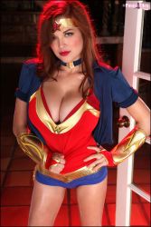 Rule 34 | blouse, bra, bracelet, breasts, cleavage, clothes grab, cosplay, dc comics, gloves, hands on own hips, highres, jewelry, large breasts, lipstick, makeup, open shirt, open clothes, open shirt, photo (medium), shirt, tessa fowler, tiara, underwear, wonder woman, wonder woman (series)
