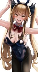 Rule 34 | 1girl, absurdres, animal ears, black hairband, black leotard, black pantyhose, blonde hair, blush, bow, bowtie, breasts, cleavage, detached collar, fake animal ears, hair ornament, hairband, hands up, highres, large breasts, leotard, long hair, looking at viewer, nicky w, open mouth, original, pantyhose, parted lips, playboy bunny, rabbit ears, red bow, red bowtie, sidelocks, simple background, smile, solo, twintails, white background, yellow eyes