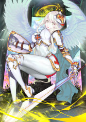 Rule 34 | 1girl, absurdres, aowltus209, armor, ass, bad id, bad pixiv id, blonde hair, feathered wings, highres, long hair, original, pale skin, shield, solo, sword, weapon, wings, yellow eyes