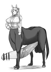 Rule 34 | 1girl, absurdres, animal ears, animal penis, bar censor, blush, breasts, censored, centaur, closed mouth, embarrassed, erection, full-package futanari, full body, futanari, gigantic penis, hair ornament, hairpin, hand on own hip, highres, horse, horse ears, horse penis, huge breasts, huge testicles, large breasts, long hair, looking at viewer, monochrome, penis, sakushaaya (3948aya), shirt, simple background, solo, tail, taur, testicles, twintails, white background