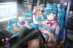 Rule 34 | 4girls, aqua eyes, aqua hair, bad id, bad pixiv id, blush, bracelet, chibi, chibi on head, drink, drinking straw, dutch angle, eating, food, hatsune miku, indoors, jewelry, keyboard (computer), long hair, looking at viewer, mcdonald&#039;s, melon3, monitor, multiple girls, nail polish, necktie, night, on head, one eye closed, open mouth, pizza, sitting, skirt, spring onion, thighhighs, twintails, very long hair, vocaloid