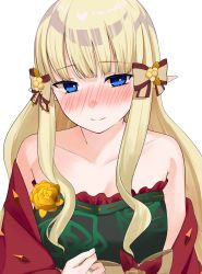 Rule 34 | 1girl, blonde hair, blue eyes, blunt bangs, blush, bow, breasts, elf, hair bow, hair ornament, highres, large breasts, long hair, pointy ears, princess connect!, ringo no tart, saren (christmas) (princess connect!), saren (princess connect!), simple background, smile, solo, white background
