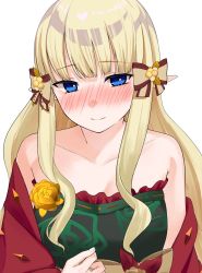 1girl blonde_hair blue_eyes blunt_bangs blush bow breasts elf hair_bow hair_ornament highres large_breasts long_hair pointy_ears princess_connect! ringo_no_tart saren_(christmas)_(princess_connect!) saren_(princess_connect!) simple_background smile solo white_background