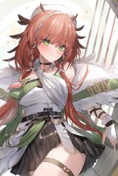 Rule 34 | 1girl, arknights, bare shoulders, beret, black skirt, blush, breasts, brown hair, commentary request, cowboy shot, erato (arknights), fingerless gloves, gloves, green eyes, hair wings, hat, highres, horn/wood, large breasts, long hair, looking at viewer, miniskirt, off shoulder, shirt, skirt, smile, solo, thigh strap, thighs, very long hair, white gloves, white hat, white shirt