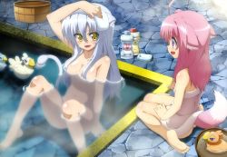 Rule 34 | 10s, 2girls, :d, absurdres, ahoge, barefoot, bath, bathing, breasts, cleavage, dog days, dog girl, fang, feet, hair over breasts, highres, leonmitchelli galette des rois, long hair, millhiore f. biscotti, multiple girls, non-web source, nude, nyantype, official art, open mouth, pink hair, purple eyes, silver hair, smile, soap, soles, submerged, sunagawa masakazu, tail, towel, tub, water, yellow eyes