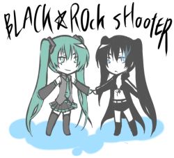 Rule 34 | 10s, 2girls, :&lt;, aqua hair, bad id, bad pixiv id, belt, bikini, bikini top only, black hair, black rock shooter, black rock shooter (character), blue eyes, boots, chibi, coat, detached sleeves, flat chest, front-tie top, gloves, glowing, glowing eyes, green hair, hatsune miku, holding hands, hood, hooded jacket, jacket, knee boots, long hair, midriff, multiple girls, necktie, pale skin, shorts, skirt, smile, star (symbol), swimsuit, thigh boots, thighhighs, time paradox, twintails, uneven twintails, very long hair, vocaloid