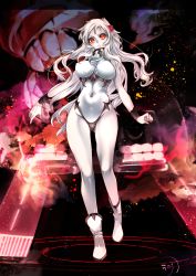 Rule 34 | 10s, 1girl, abyssal ship, airfield princess, ankle boots, bare shoulders, black panties, boots, breasts, covered navel, glowing, glowing eyes, highres, horns, kantai collection, large breasts, leotard, long hair, looking at viewer, pale skin, panties, rathke, red eyes, underwear, white footwear, white hair