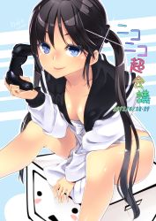 Rule 34 | 1girl, absurdres, amasora taichi, between legs, black hair, blue eyes, breasts, collarbone, controller, dated, downblouse, game controller, hair ornament, highres, holding, long hair, niconico, original, panties, school uniform, serafuku, sitting, small breasts, smile, solo, striped clothes, striped panties, twintails, underwear