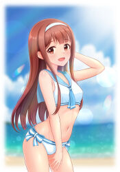 Rule 34 | 1girl, :d, absurdres, bare arms, beach, bikini, blue neckerchief, blue sailor collar, blunt bangs, blurry, blurry background, border, breasts, brown eyes, brown hair, collarbone, cowboy shot, groin, hairband, hand in own hair, highres, idolmaster, idolmaster million live!, lens flare, long hair, looking at viewer, navel, neckerchief, neilp, ocean, open mouth, sailor bikini, sailor collar, sailor swimsuit (idolmaster), side-tie bikini bottom, small breasts, smile, solo, standing, summer, swimsuit, tanaka kotoha, white bikini, white border, white hairband