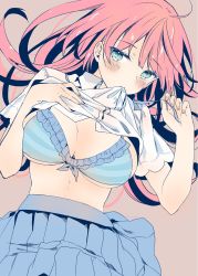 Rule 34 | 1girl, ahoge, blue bra, blue ribbon, blue skirt, blush, bow, bow bra, bra, breasts, brown background, cleavage, clothes in mouth, clothes lift, collared shirt, commentary, dress shirt, eyelashes, fingernails, frilled bra, frills, green eyes, highres, large breasts, lifted by self, long hair, looking at viewer, lying, midriff peek, mouth hold, nail polish, neck ribbon, on back, original, pink hair, pink nails, pleated skirt, ribbon, school uniform, shirt, shirt hold, shirt in mouth, shirt lift, short sleeves, simple background, skirt, solo, string bra, striped bra, striped clothes, twitter username, underboob, underwear, uniform, untied, white shirt, wing collar, yu yu