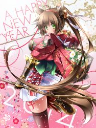 Rule 34 | 1girl, animal ears, bad id, bad pixiv id, blush, bow (weapon), breasts, brown hair, gold trim, green eyes, happy new year, highres, horse ears, horse girl, large breasts, long hair, looking at viewer, midoriiro no shinzou, new year, original, ponytail, smile, solo, weapon