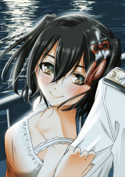 Rule 34 | 10s, 1girl, admiral (kancolle), black hair, blush, brown eyes, camisole, collarbone, hair ornament, kantai collection, looking at viewer, sendai (kancolle), short hair, smile, sogabe toshinori, solo focus, two side up, upper body, water