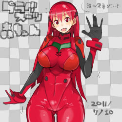 Rule 34 | 1girl, 2011, breasts, character name, checkered background, colored eyelashes, cosplay, cowboy shot, curvy, dated, embarrassed, grey background, hair between eyes, hip focus, large breasts, mori hikiko, neon genesis evangelion, original, plugsuit, red eyes, red hair, skin tight, solo, souryuu asuka langley (cosplay), standing, takayama toshinori, thighs, wide hips