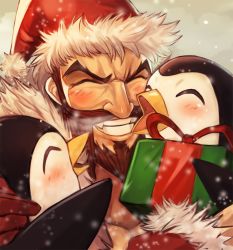 Rule 34 | 1boy, ^ ^, beard, bird, blush, bow, closed eyes, draven, closed eyes, facial hair, gift, gloves, grin, hat, hug, male focus, original, penguin, red bow, red gloves, red ribbon, ribbon, santa hat, smile, snowflakes, snowing, solo, sookmo